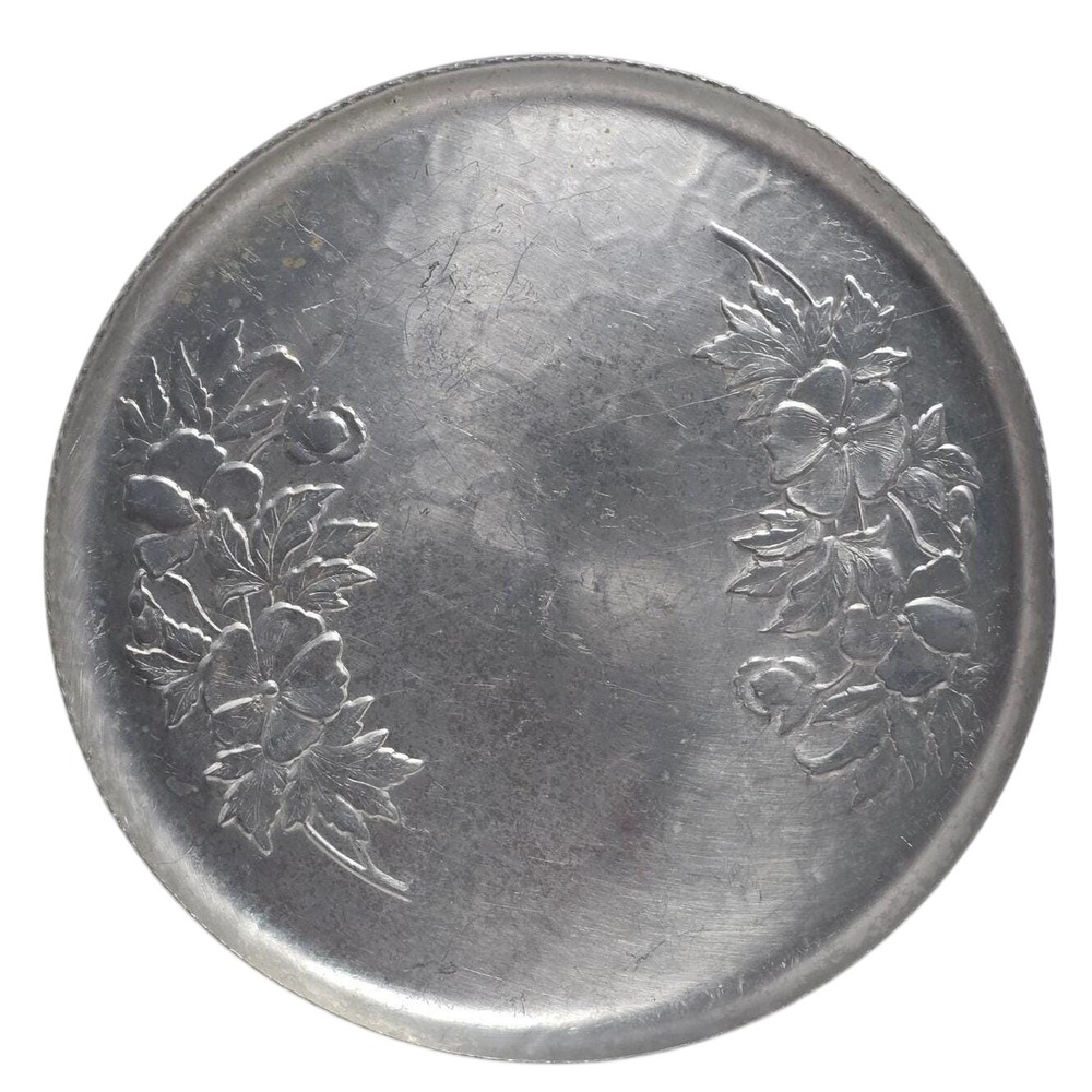 Vintage 1940s 1950s Aluminum Round Serving Tray 11 in Embossed Floral - Picture 1 of 8